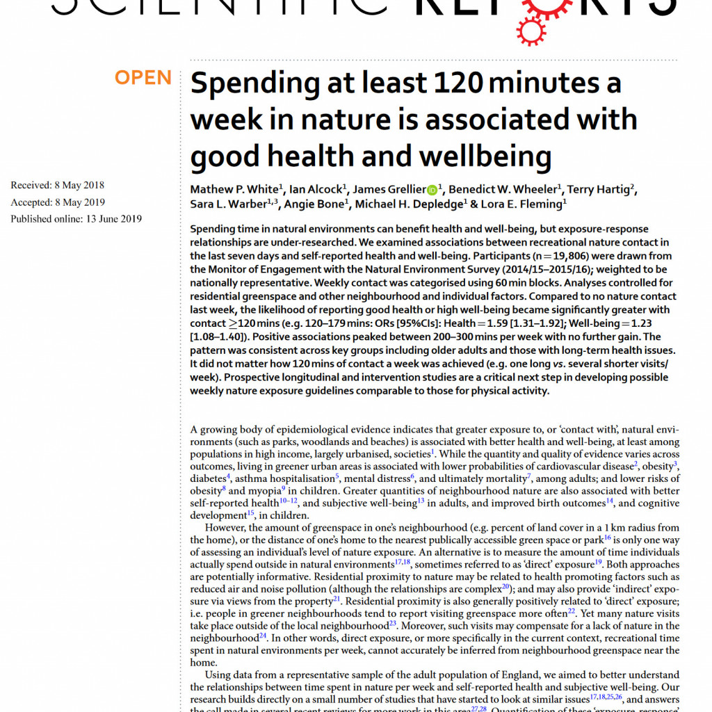 Spending at least 120 minutes a week in nature is associated with good health and wellbeing